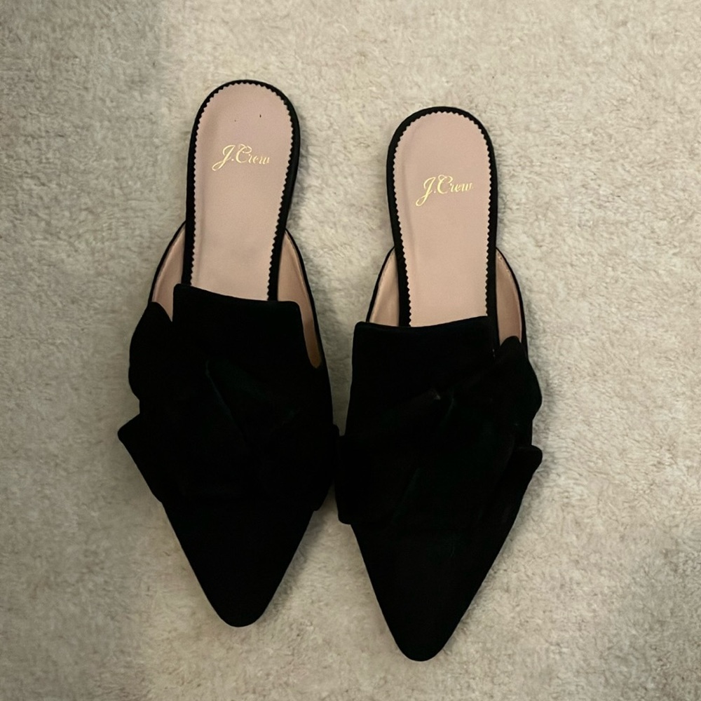 J. Crew Black Velvet Mules with Bow Detail